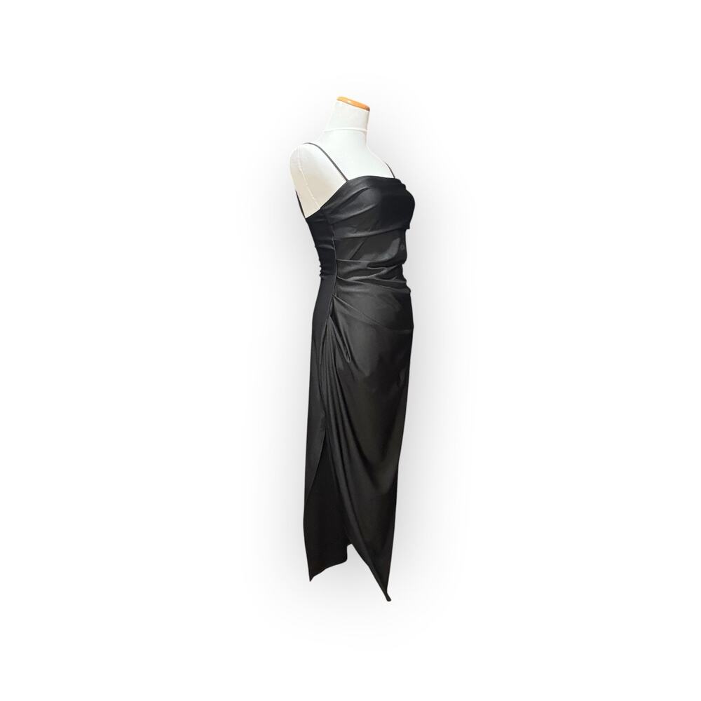 Black Satin Ruched Slip Dress Midi Cocktail Evening Party Dress Womens Large - Picture 2 of 10